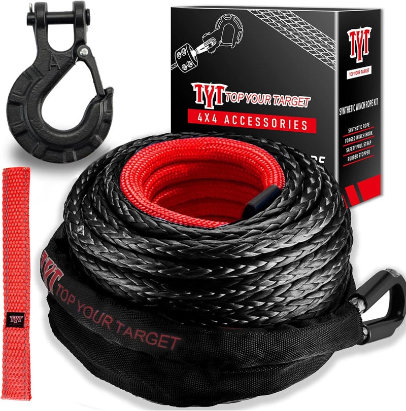TYT Synthetic Winch Rope Kit - 1/2" x 92' with 32000 lbs Strength, Protective Sleeve, Heavy Duty Hook and Safety Pull Strap for Off-Road 4x4 Vehicles, Trucks (Black) - Image 1